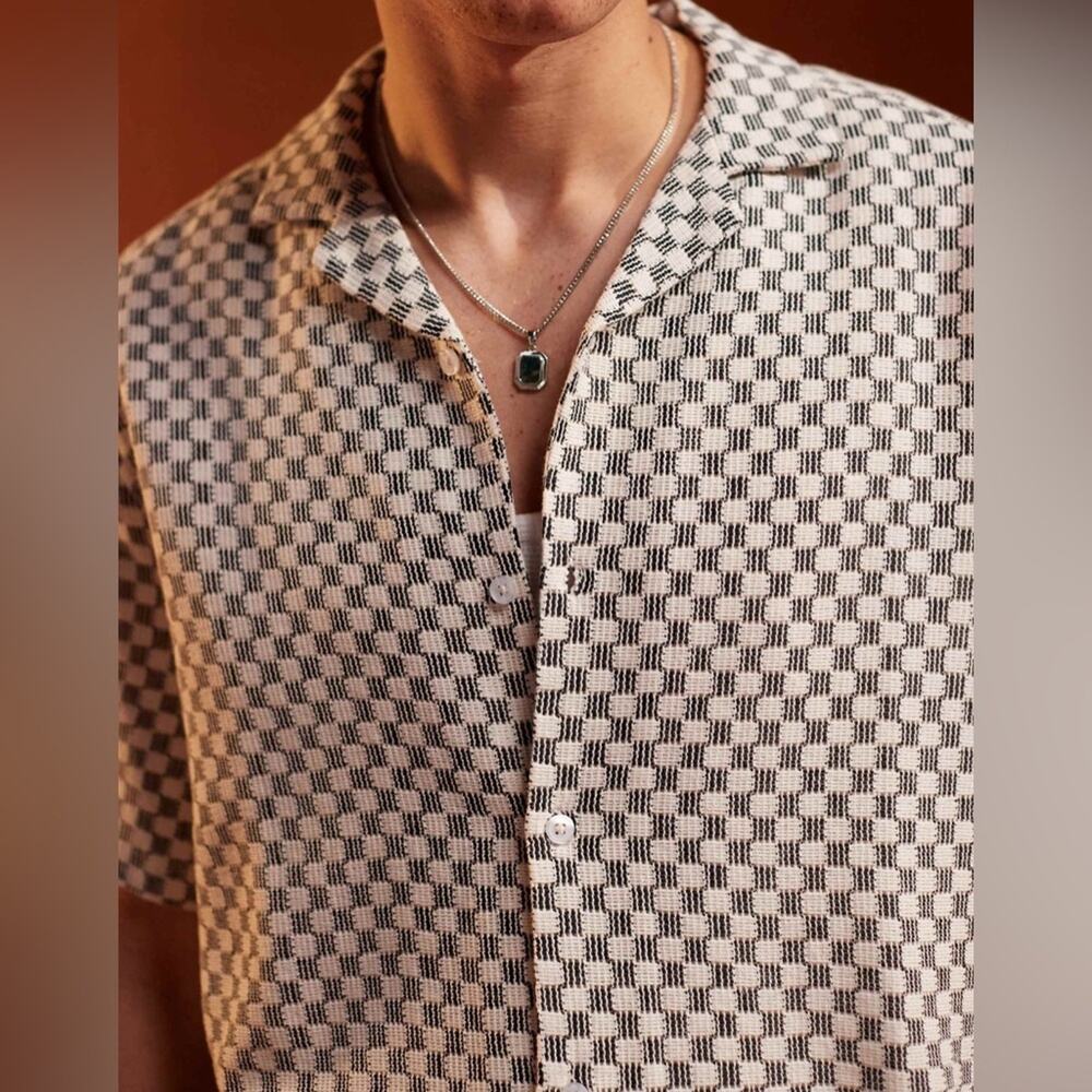 MENS ASOS DESIGN Black White Checker Print Button Down Short Sleeve Shirt Top S - Picture 11 of 13